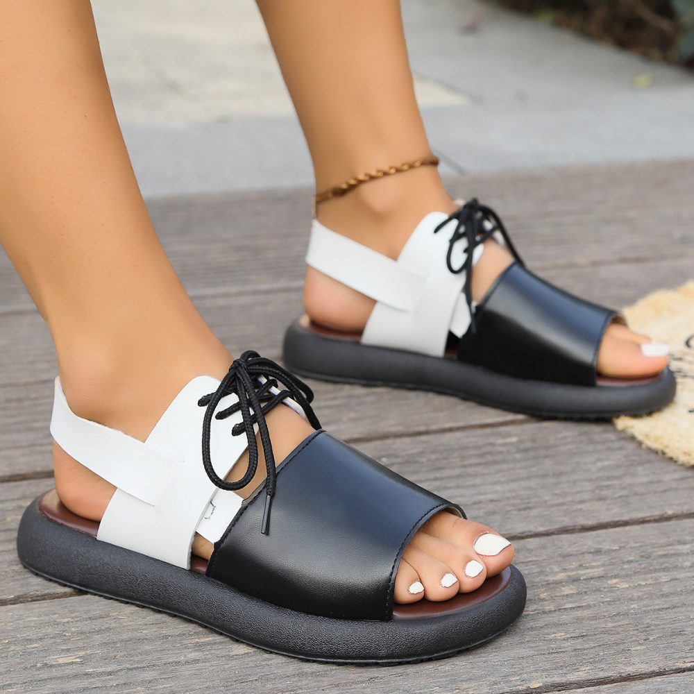 Color-block Lace-up Roman Sandals For Women Summer New Fashion Flat Fish Mouth Beach Shoes - Image 6