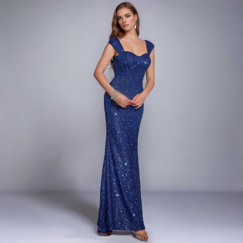 Solid Color And V-neck Sequin Sling High Waist Evening Dress - Image 9