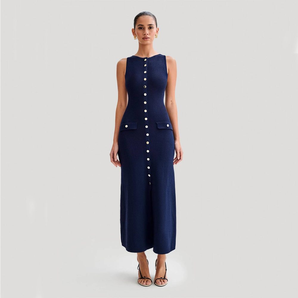 Elegant Knitted Sleeveless Dress With Single Breast Fashion Slim Round Neck Long Dresses Womens Clothing - Image 2
