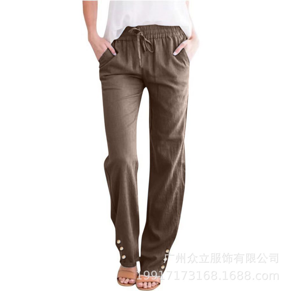 Solid Color Cotton And Linen Loose Drawstring Button Casual Wide-leg Trousers - Image 5