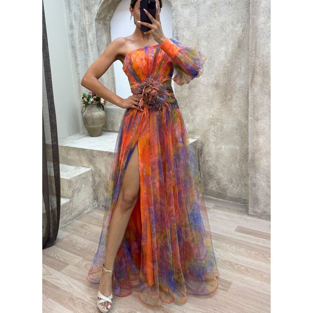 Mesh Tie-dye Printed Off-shoulder Slit Dress Summer INS Fashion Long Dress Party Womens Clothing - Image 4