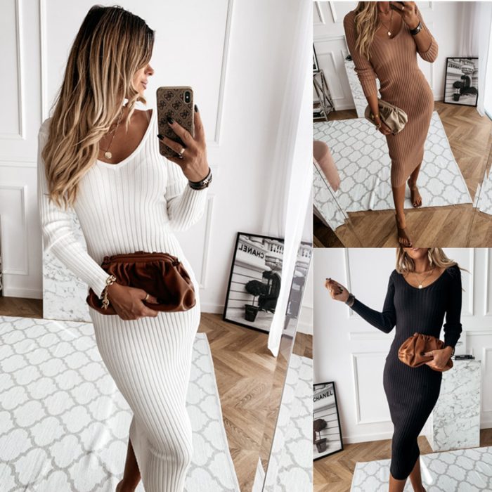 Autumn And Winter V-neck Solid Color Long-sleeved Pit Dress