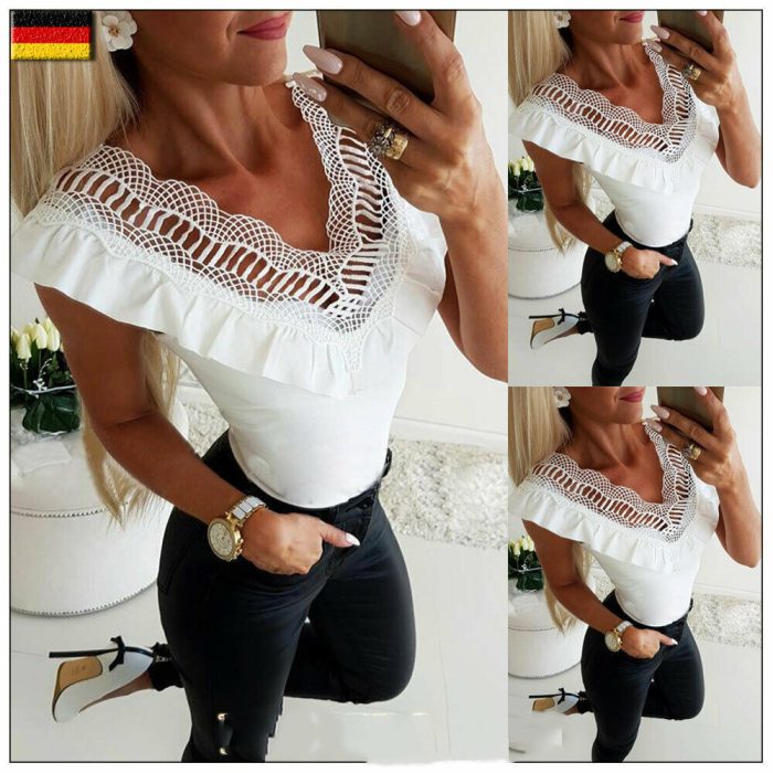 Lace V-neck Slim-fit Solid Color With Cotton T-shirt
