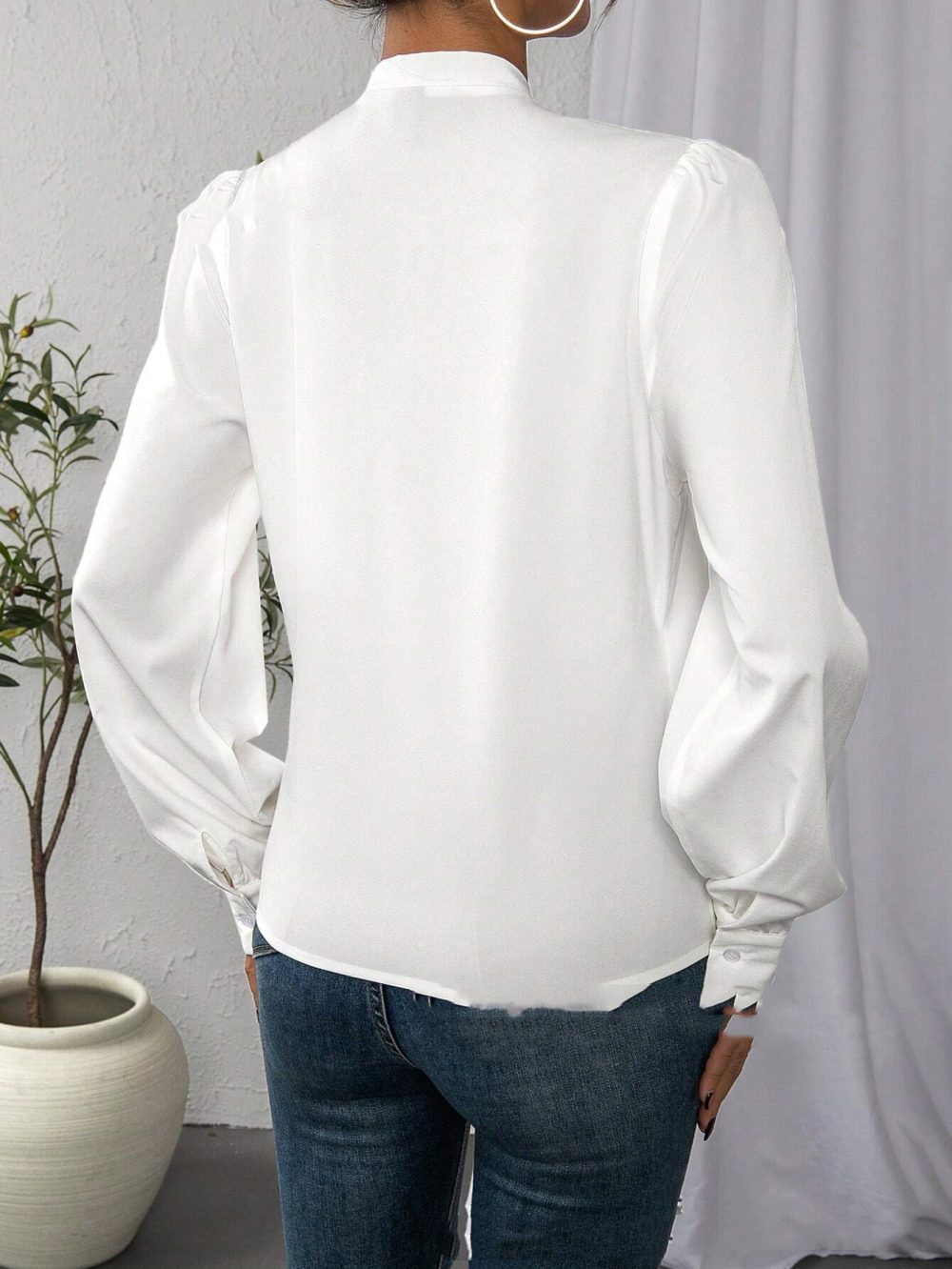 Casual Long Sleeve V-neck White Shirt Top Solid Color - Image 3