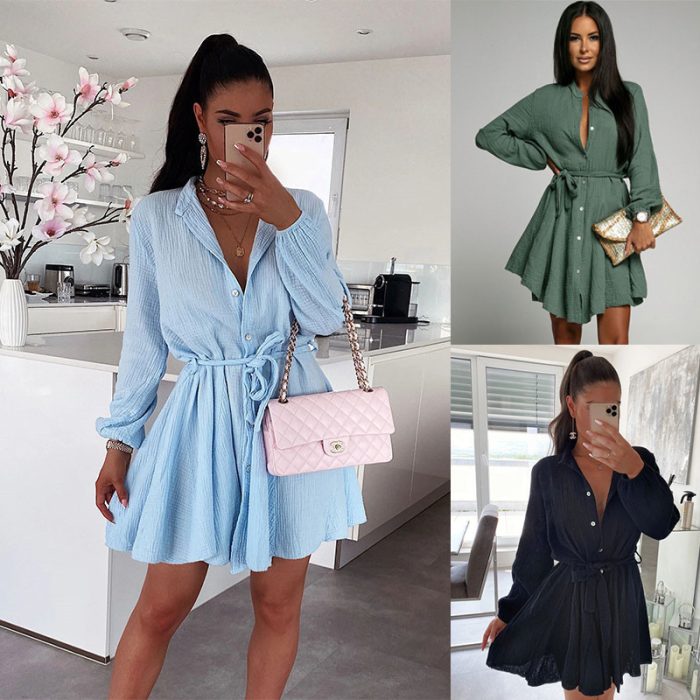 European And American Women's Clothing Solid Color And V-neck Long Sleeve Casual Dress