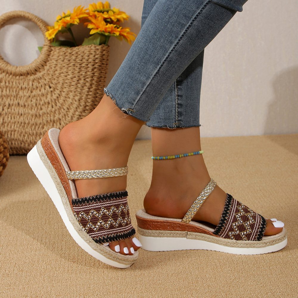 New Color-blocked Wave-patterned Sandals Summer Fashion Wedges Slippers Outdoor Ethnic Style One-line Thick-soled Shoes For Women - Image 5