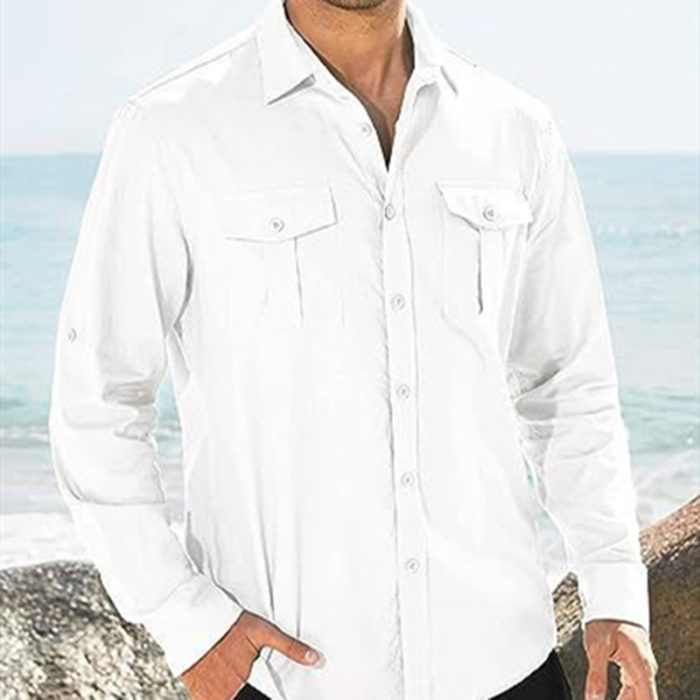 Men's Shirt Double Pocket Cotton Linen Long Sleeve