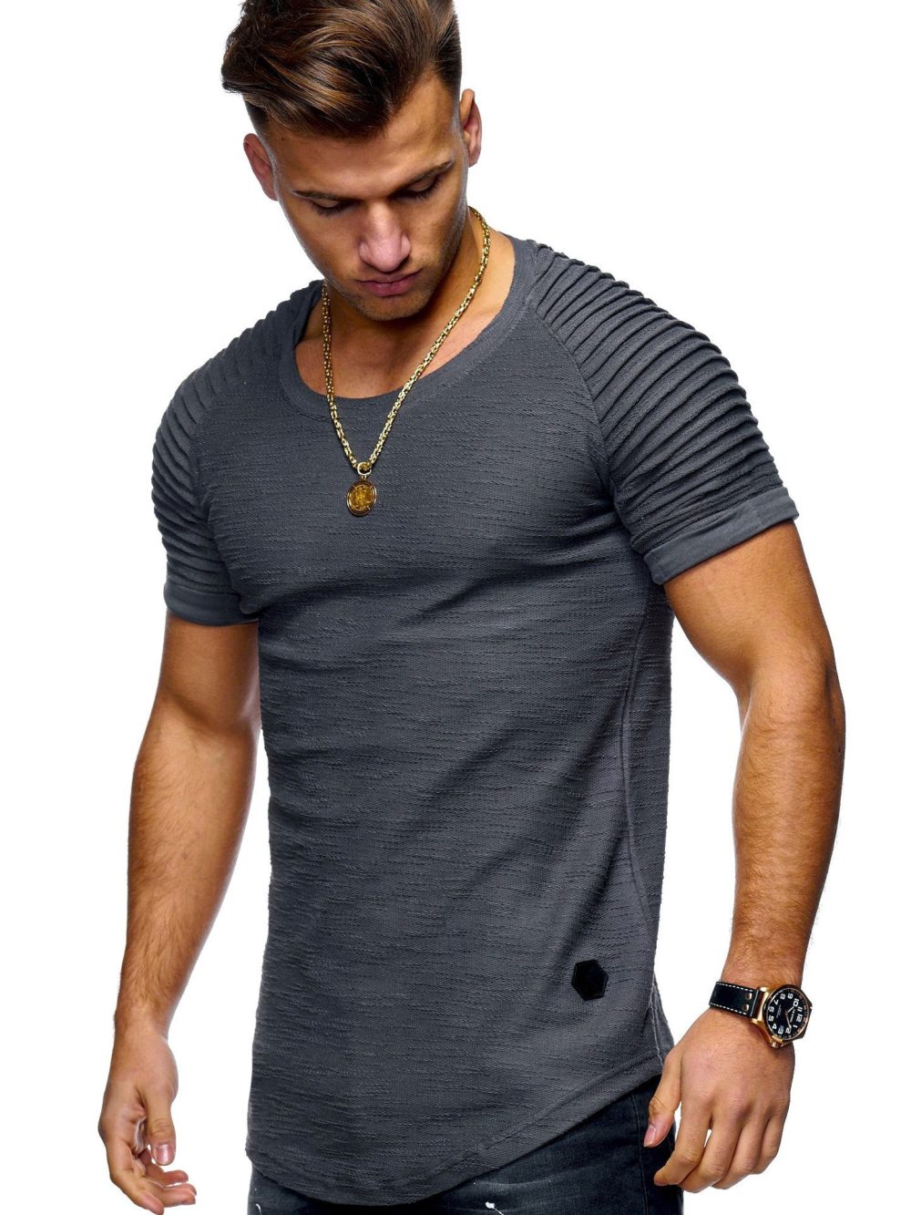 Round neck pleated raglan sleeves solid color men's short T-shirt - Image 4