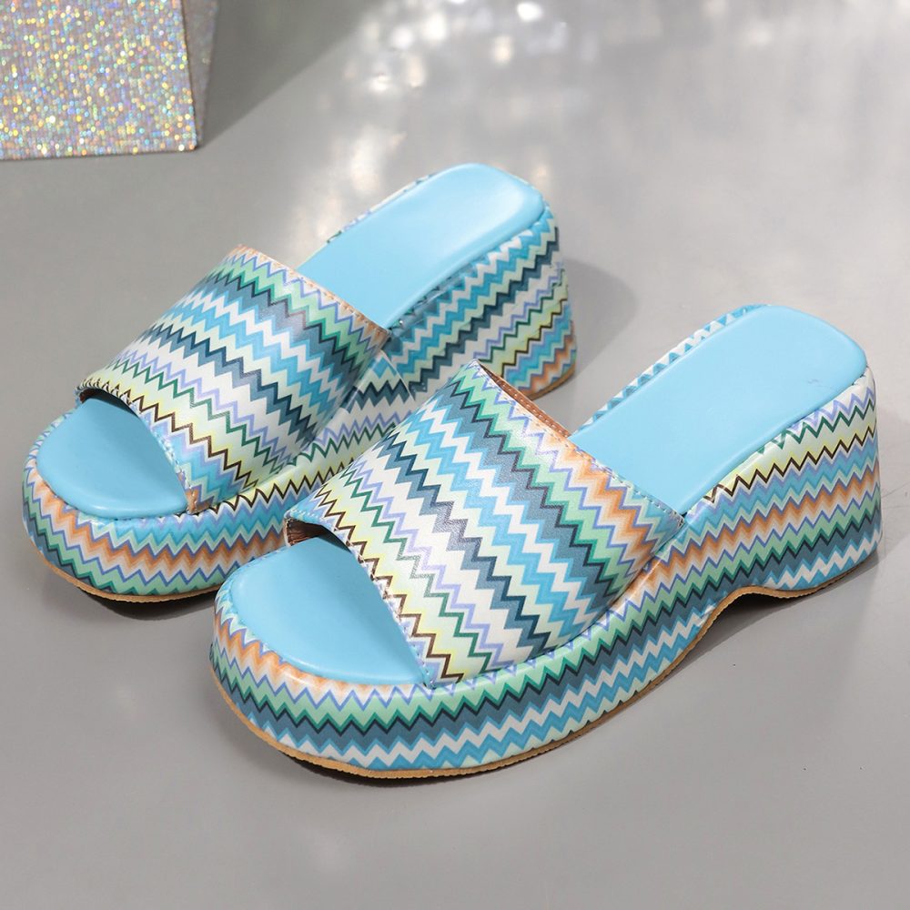 Fashion Colorful Wave Print Wedges Sandals Summer Outdoor High Heel Slippers Thick Bottom Shoes For Women - Image 6