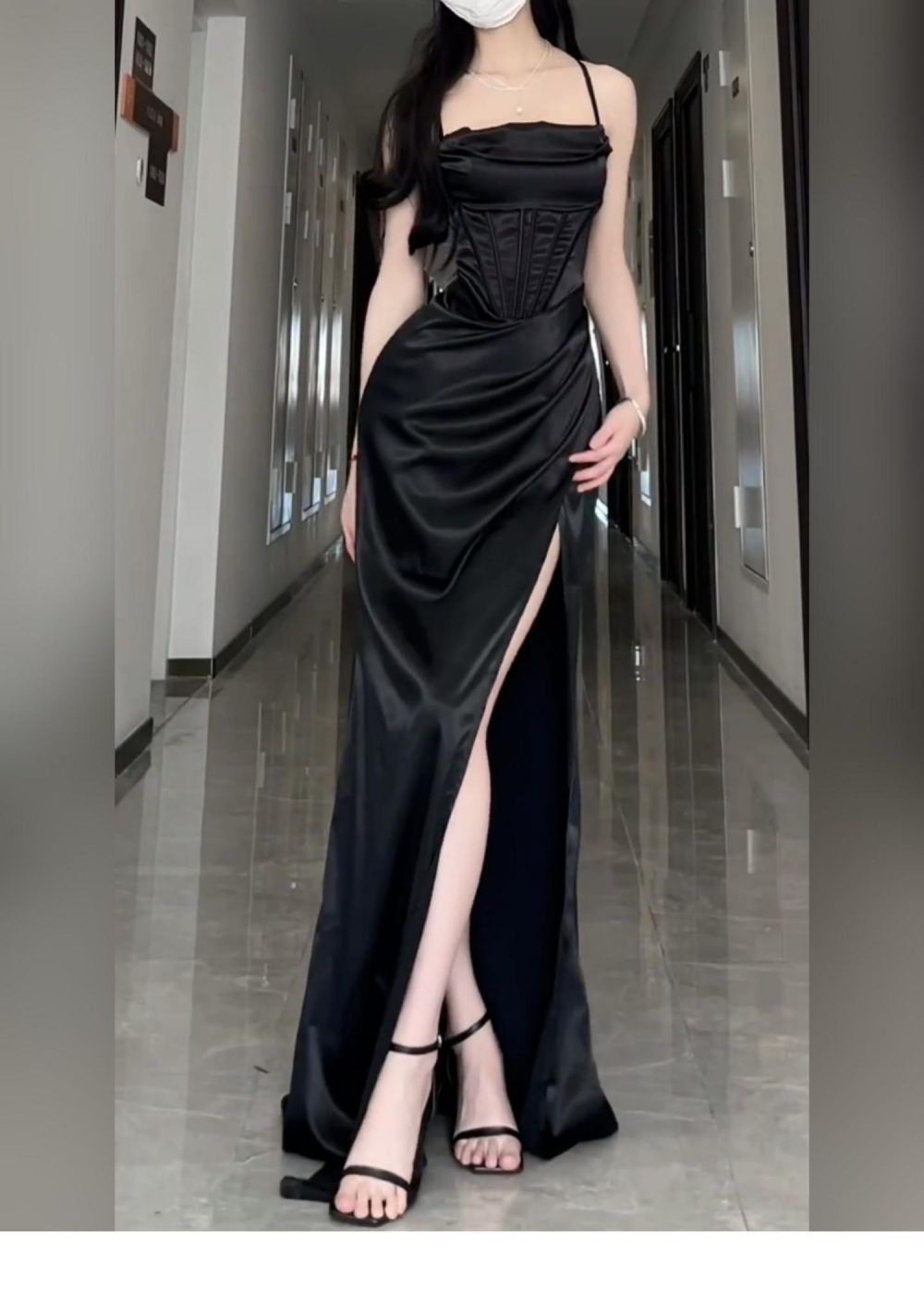 Long Formal Plus Size Black Slit Sling Dress - Image 3