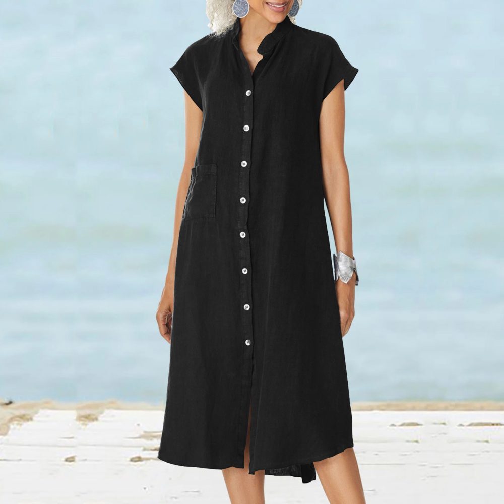 Cardigan Stand Collar Single-breasted Cotton And Linen Pocket Dress - Image 4