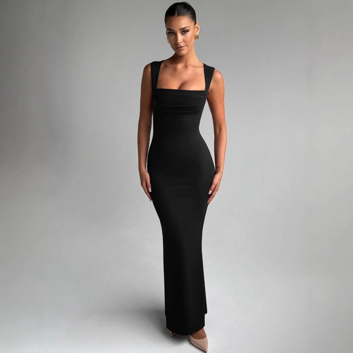 Fashion Temperament Slim Fit Square Collar Sleeveless Street Solid Color Slim Fit Dress Women