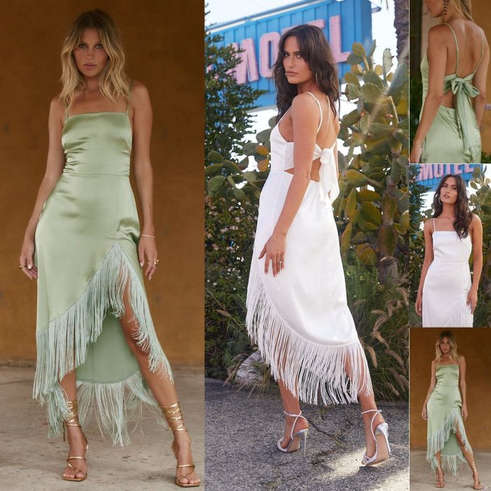 New Tassel Irregular Spaghetti-strap Solid Color Dress