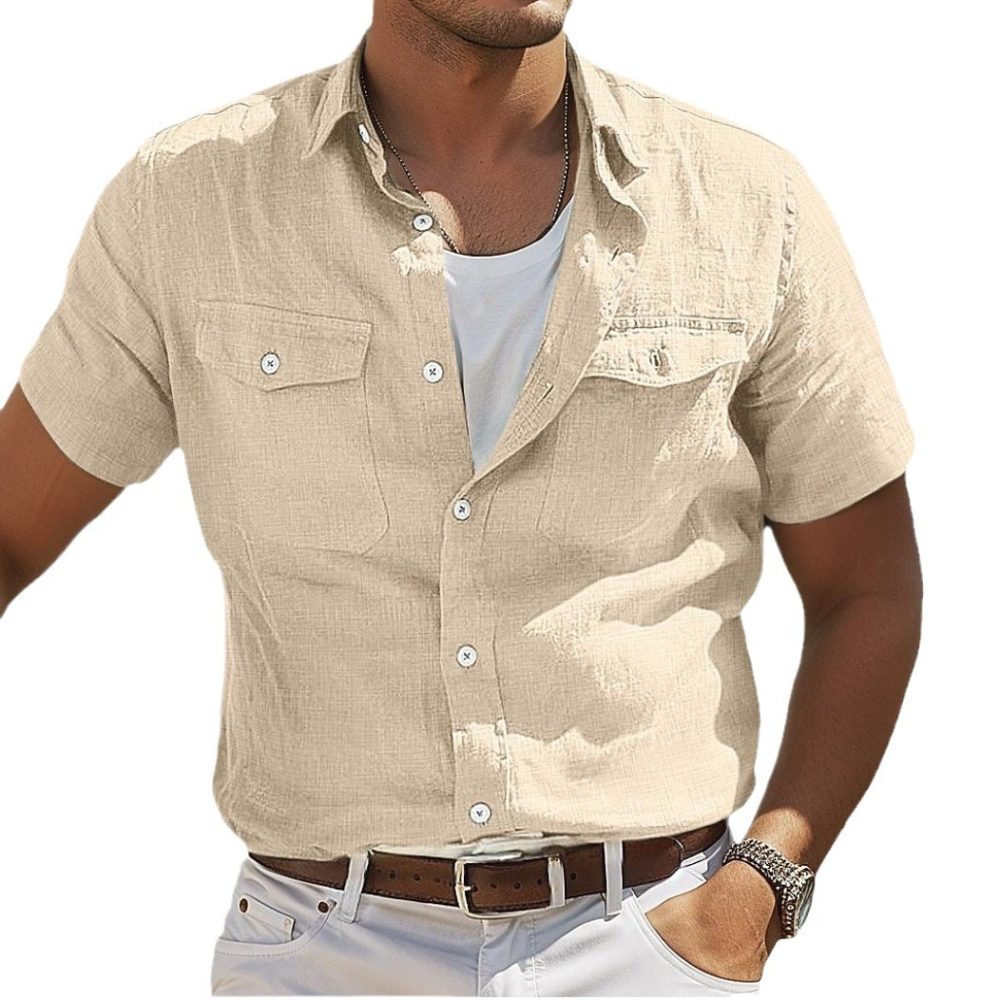 Men's Linen Summer Shirt Beach Solid Color Polo Collar Spring And Summer - Image 5
