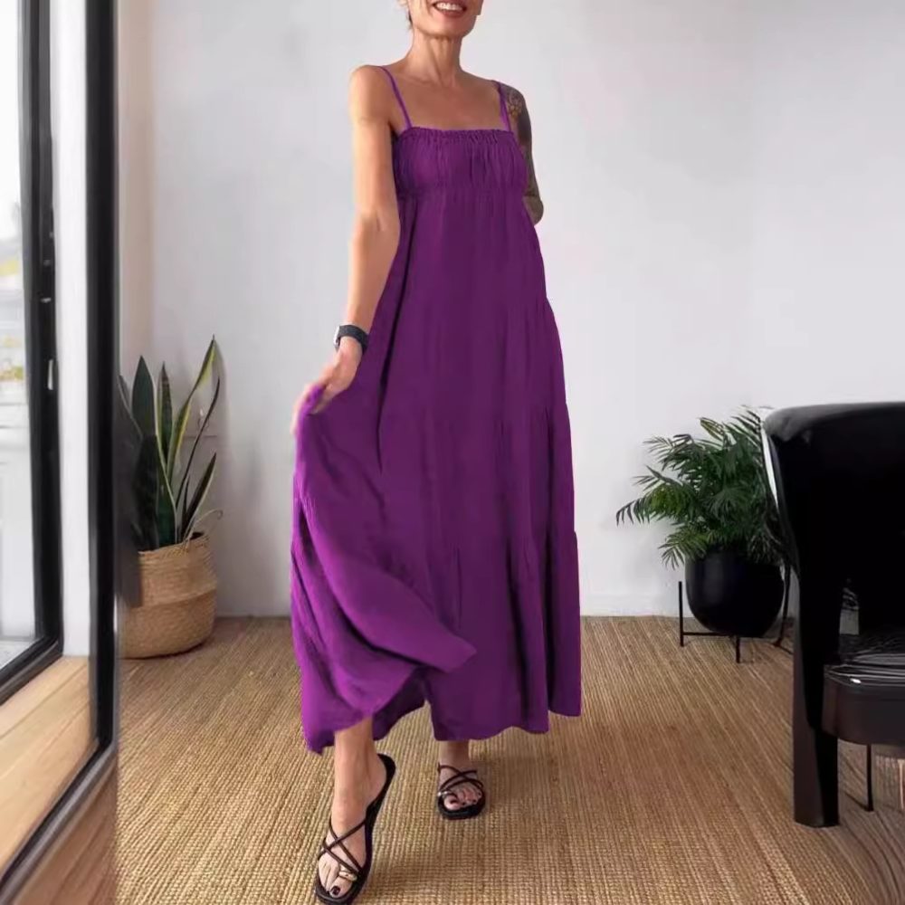 Women's Solid Color Casual Chest Wrap Pleated Suspender Dress - Image 3