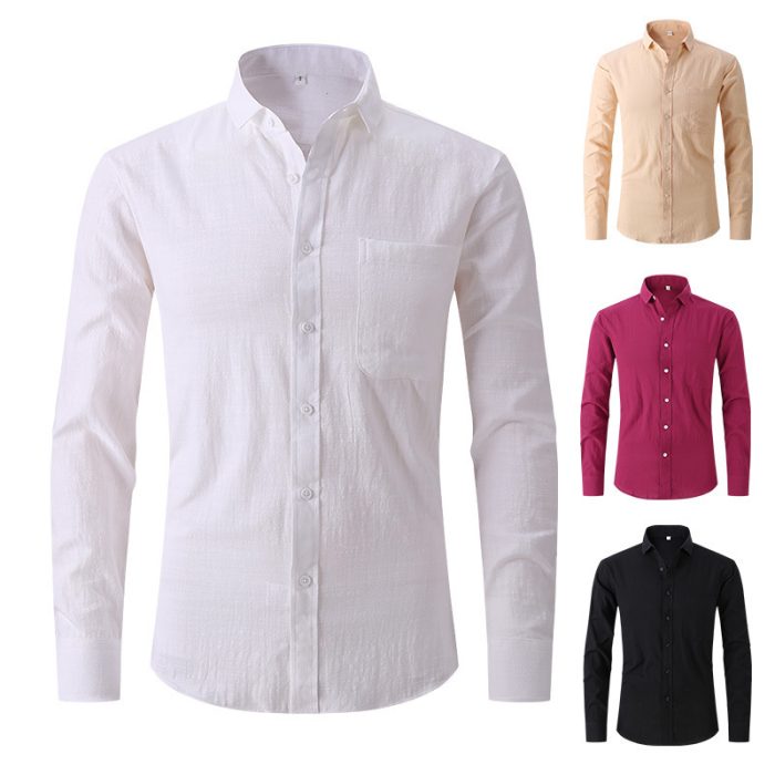 Men's Cotton And Linen  Solid Color Long Sleeved Business Slim Fitting Dress