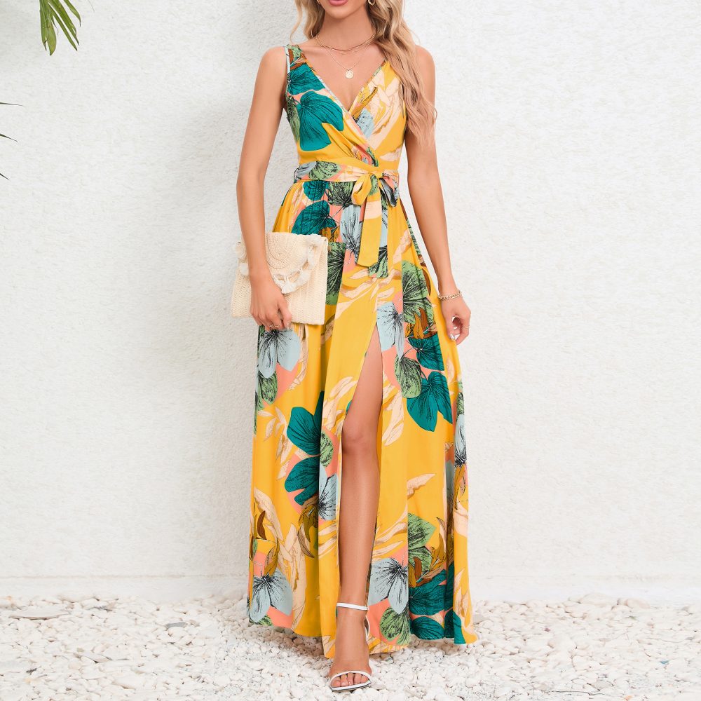 V-neck Floral Print Long Dress Summer Fashion Waist Tie Slit Design Sleeveless Dress For Womens Clothing - Image 9