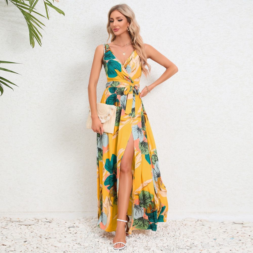 V-neck Floral Print Long Dress Summer Fashion Waist Tie Slit Design Sleeveless Dress For Womens Clothing - Image 5