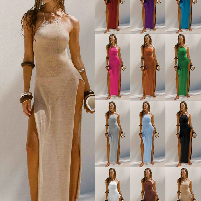 Strappy Halterneck Long Dress With Double Side Slits Design Fashion Summer Vacation Slim Beach Dresses For Womens Clothing
