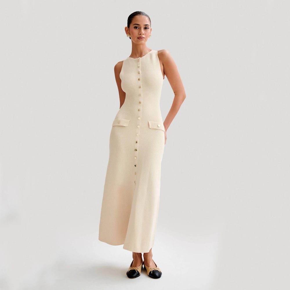 Elegant Knitted Sleeveless Dress With Single Breast Fashion Slim Round Neck Long Dresses Womens Clothing - Image 6