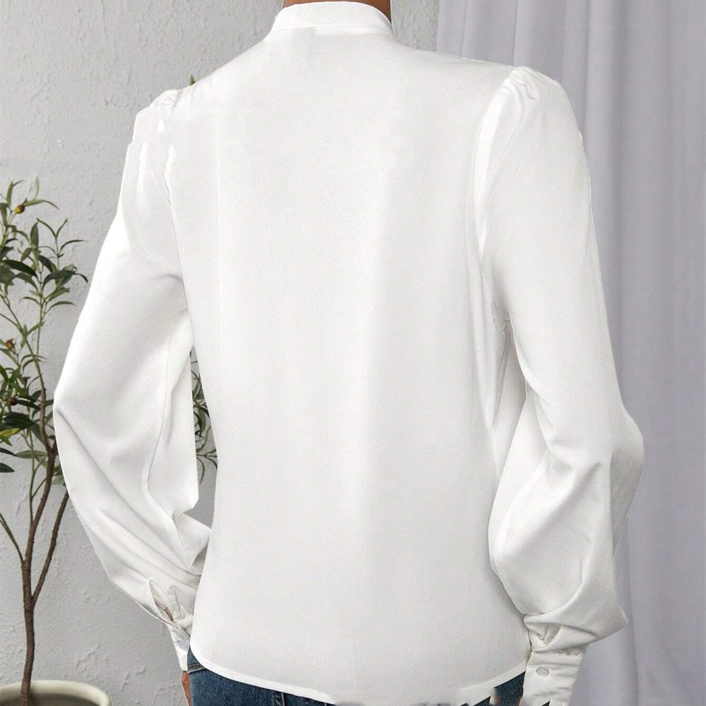 Casual Long Sleeve V-neck White Shirt Top Solid Color - Image 5