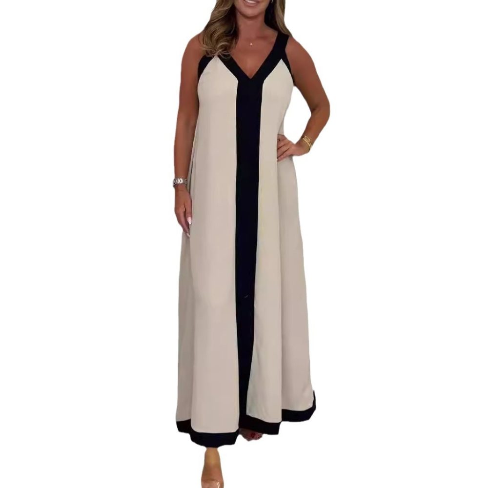 Casual Loose Contrast Color V-neck Sleeveless Long Dress - Image 5
