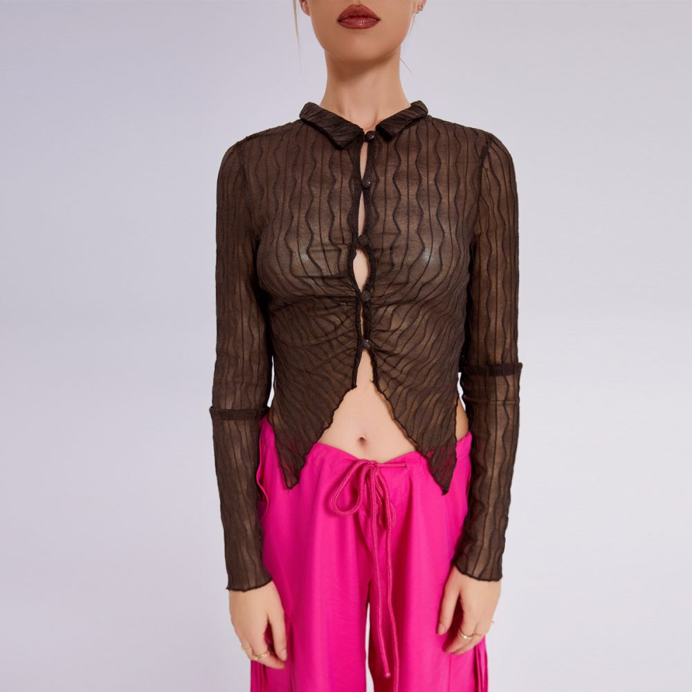 Women's Solid Color Slim -fitting Navel Fashion Lapel Wood Ear Long -sleeved T -shirt - Image 3