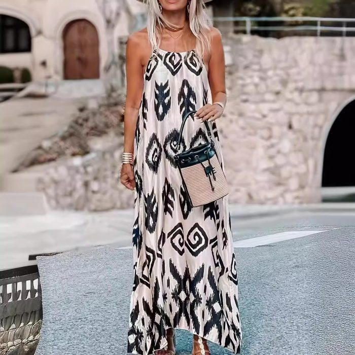 All-match Loose Printed Long Sleeveless Pullover Suspender Skirt
