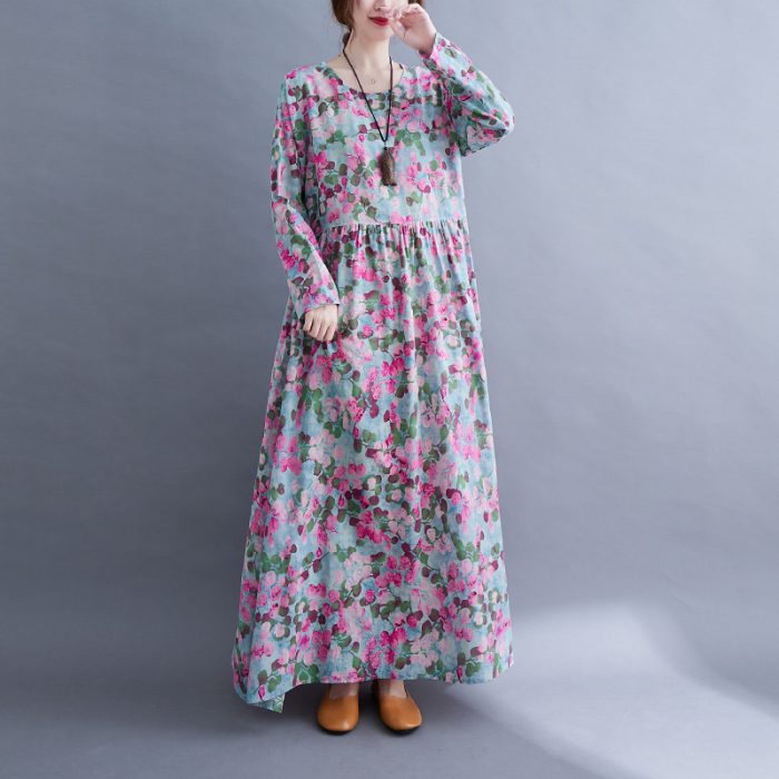 Artistic Retro Cotton And Linen Plus Size Printed Round-neck Long-sleeved Dress