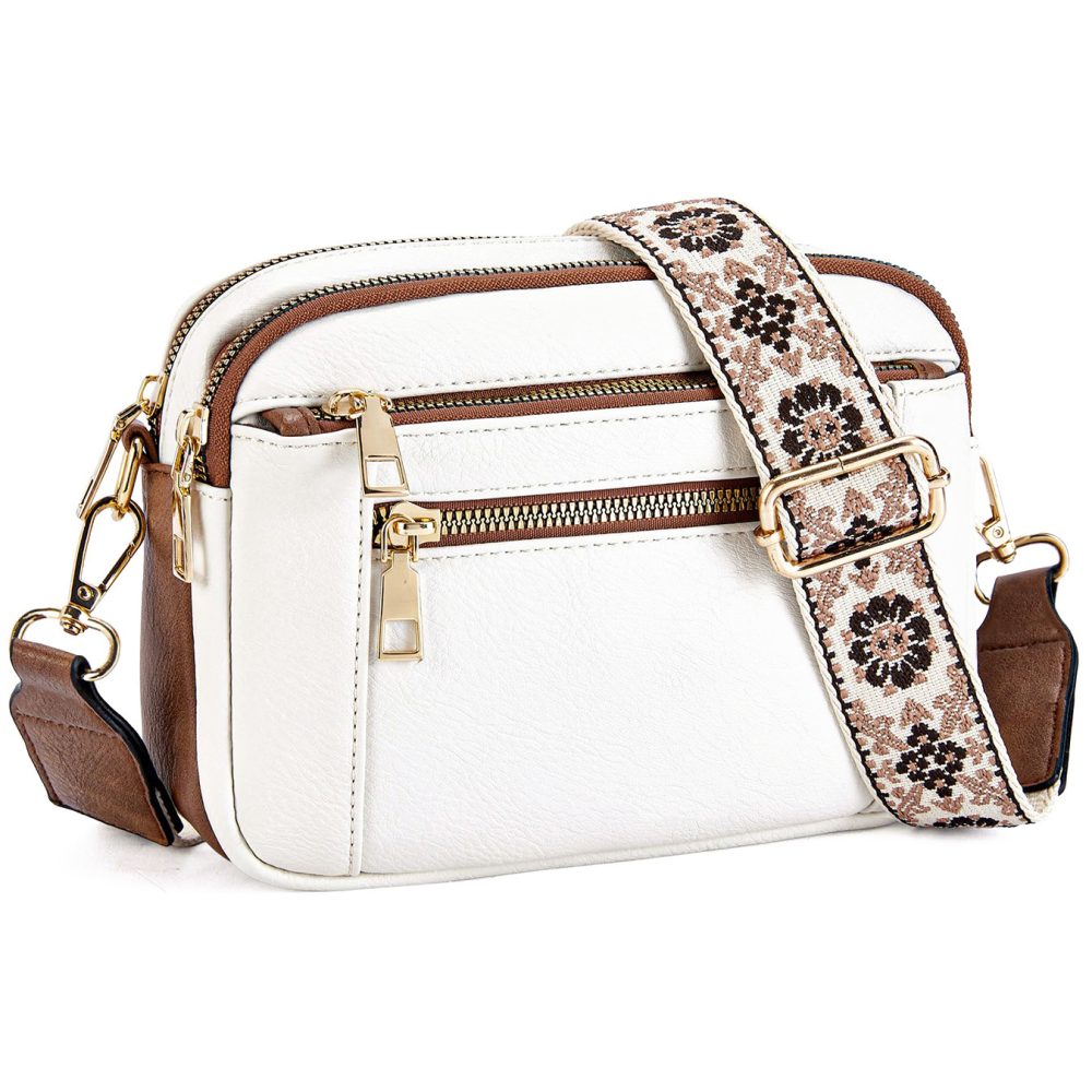 Triple-zipper Shoulder Bag With Floral Embroidered Straps Fashion Colorblock Multi-functional Crossbody Bags For Women - Image 6