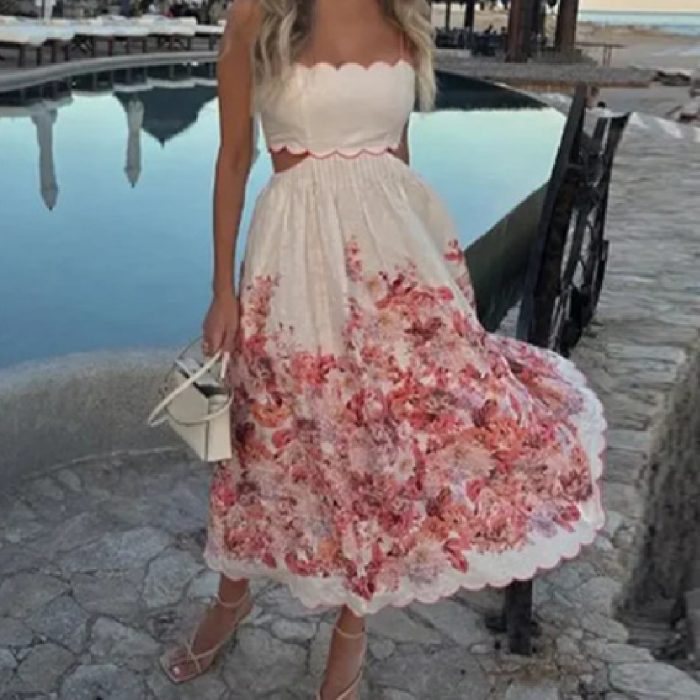 Women's Fashion Hollowed-out Printing Slip Dress