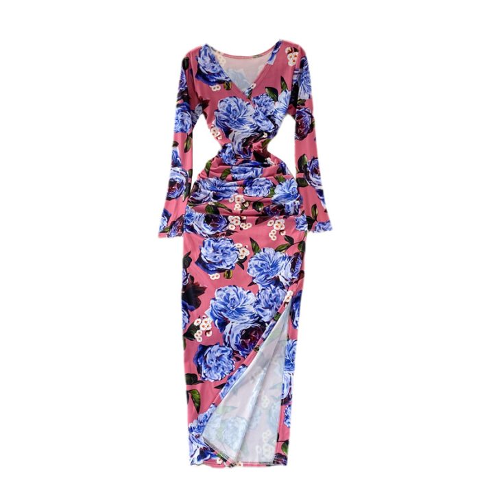 Autumn Elegant V-Neck Print Slim Fit Slim Slit Dress