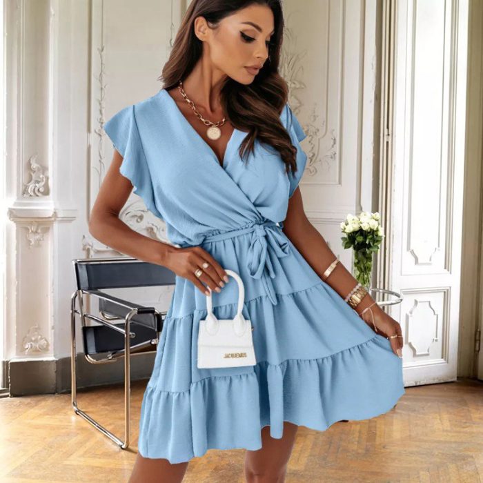 Women Summer New Solid Color And V-neck Pullover Strap Waist Trimming Short-sleeved Stitching Big Swing Dress