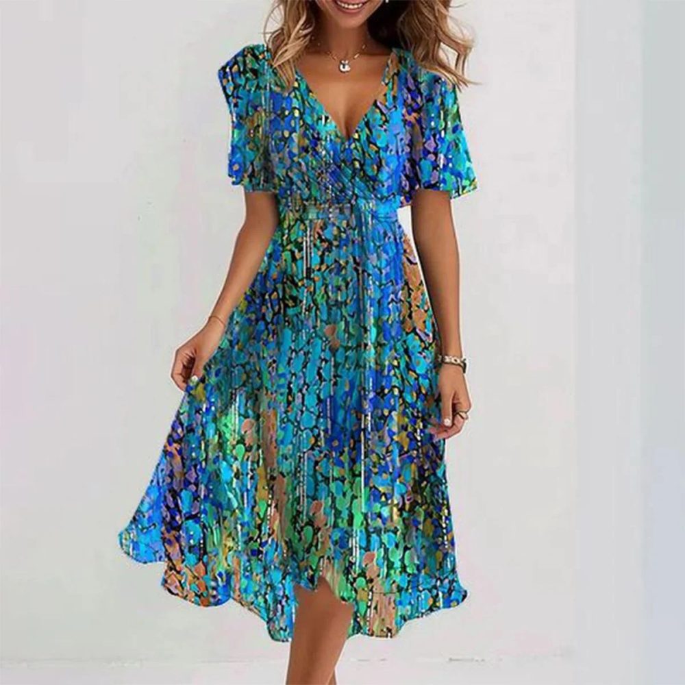 Chiffon Printed Short Sleeve Dress Summer Elegant V-neck Dresses Womens Clothing - Image 4