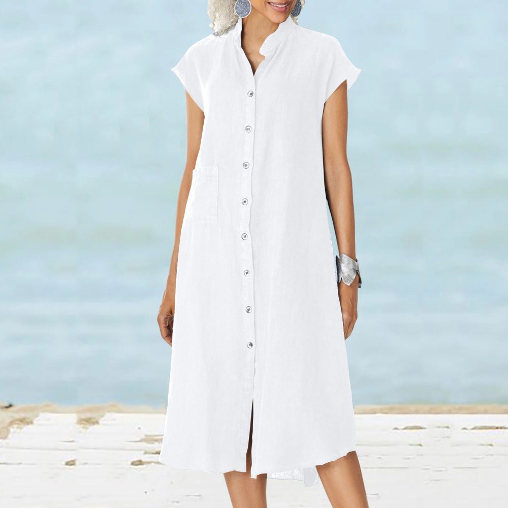 Cardigan Stand Collar Single-breasted Cotton And Linen Pocket Dress - Image 6