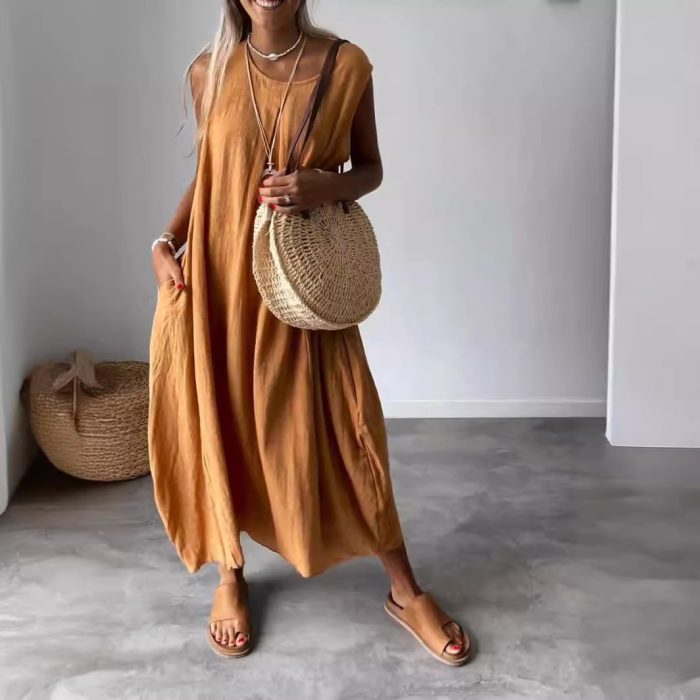 Summer Casual Women's Cotton Linen Solid Color Pocket Long Sleeveless Dress