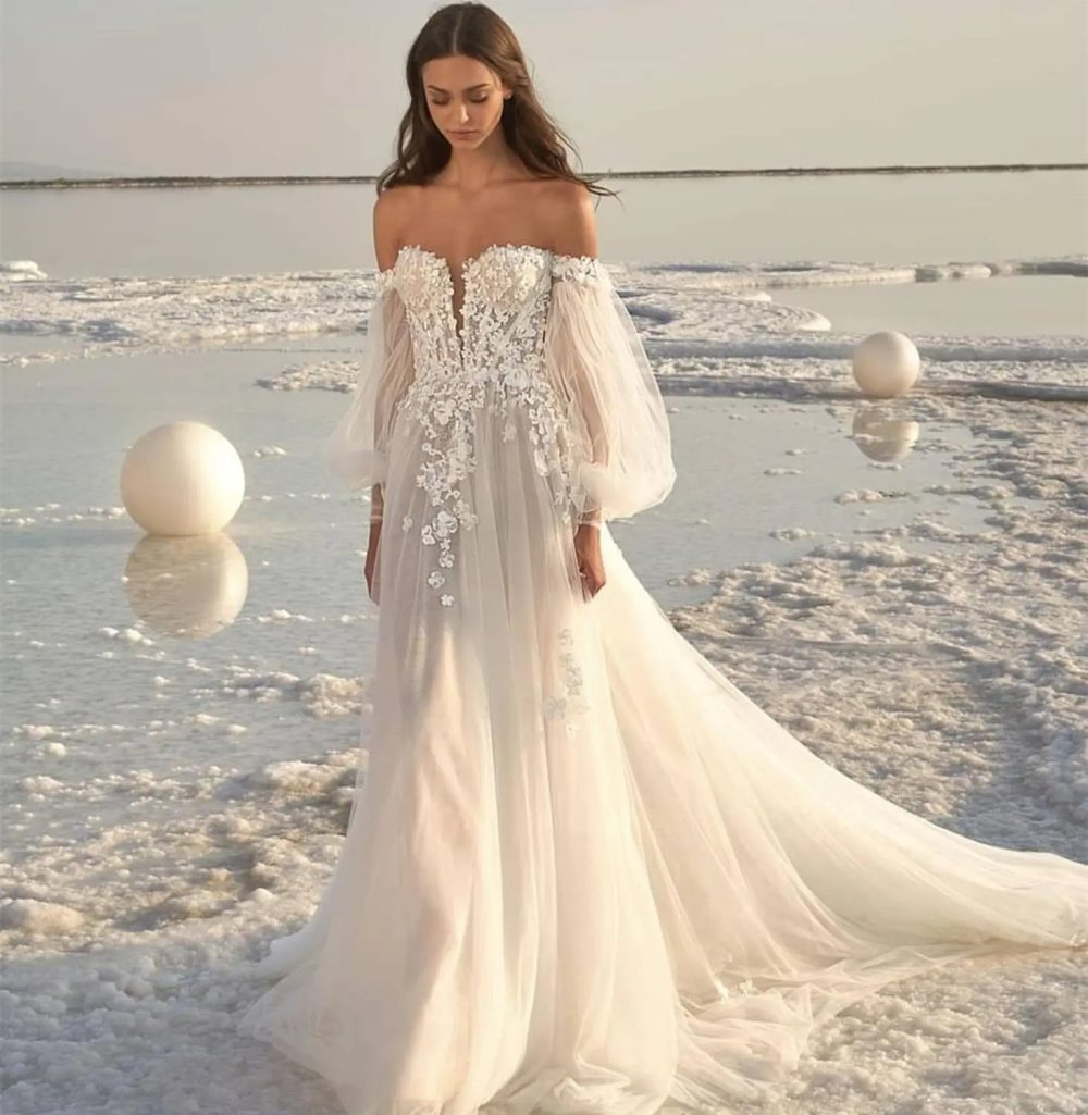 Women's Puff Sleeve Beach Wedding Dress - Image 2
