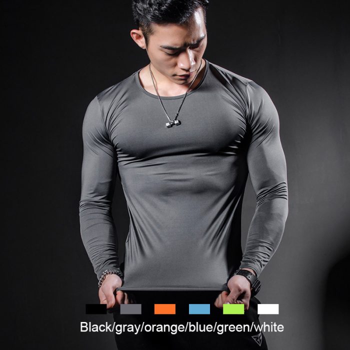 Men's Solid Color Round Neck Sports Long-sleeved Quick-drying Tights