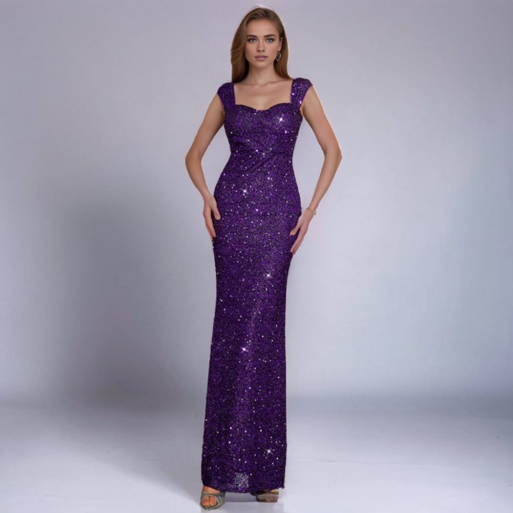 Solid Color And V-neck Sequin Sling High Waist Evening Dress - Image 8