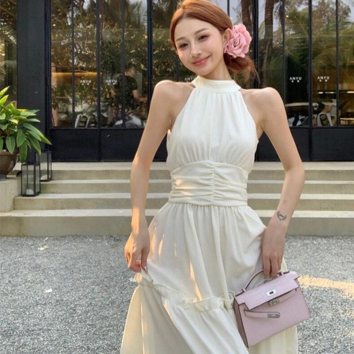 Retro Design Halter Spaghetti Straps Sleeveless Long Jumper Dress