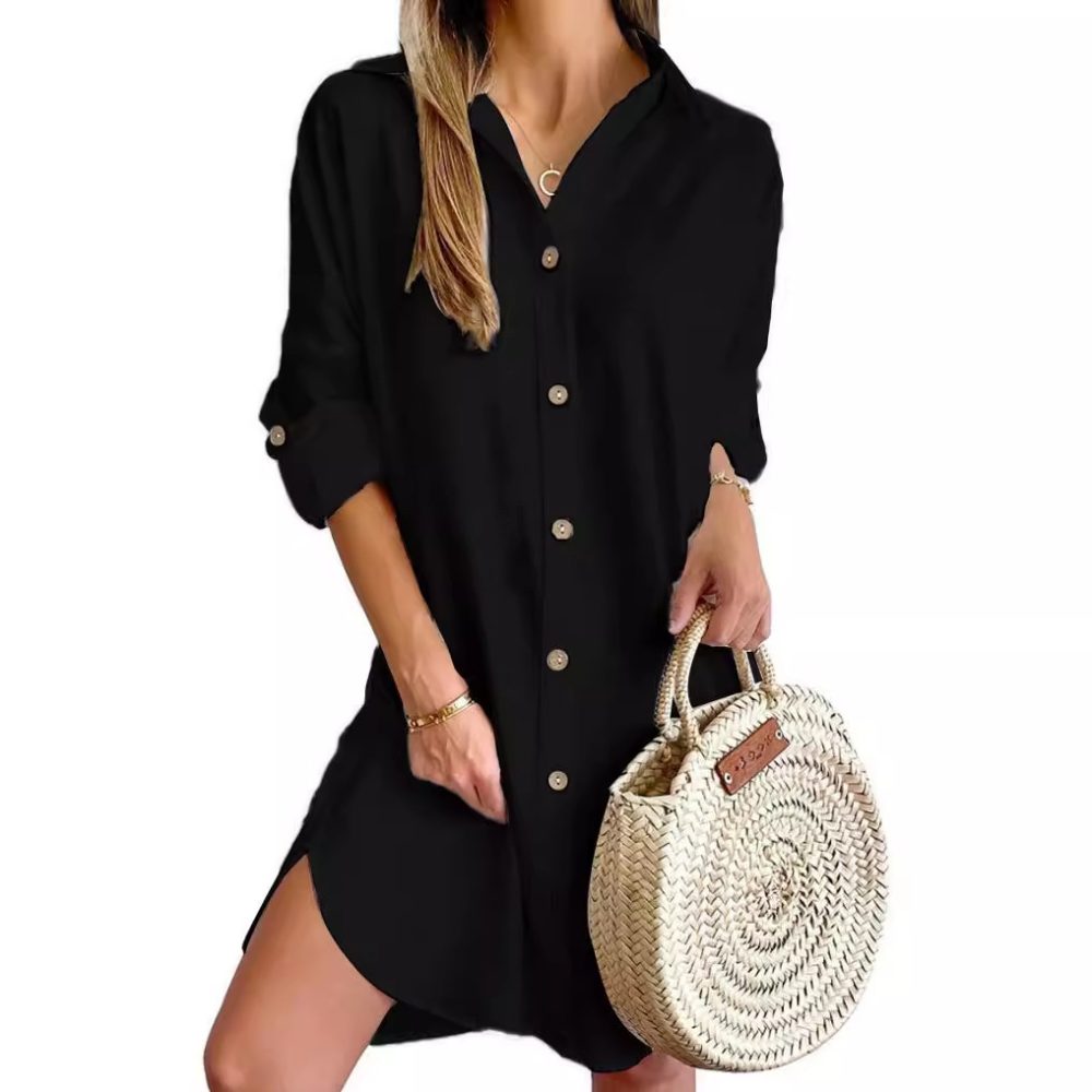Autumn Leisure Long Sleeve Lapel Button Shirt Dress Womens Clothing - Image 3