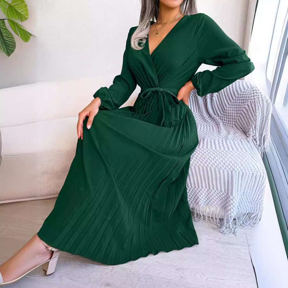 Temperament Dress Bohemian Ethnic Style Cross V-neck Pleated Skirt - Image 3