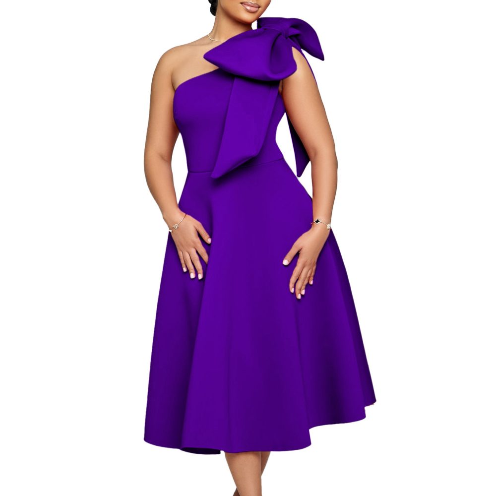 New Fashion Oblique Shoulder Bow Party Dress Big Swing African Dress - Image 5