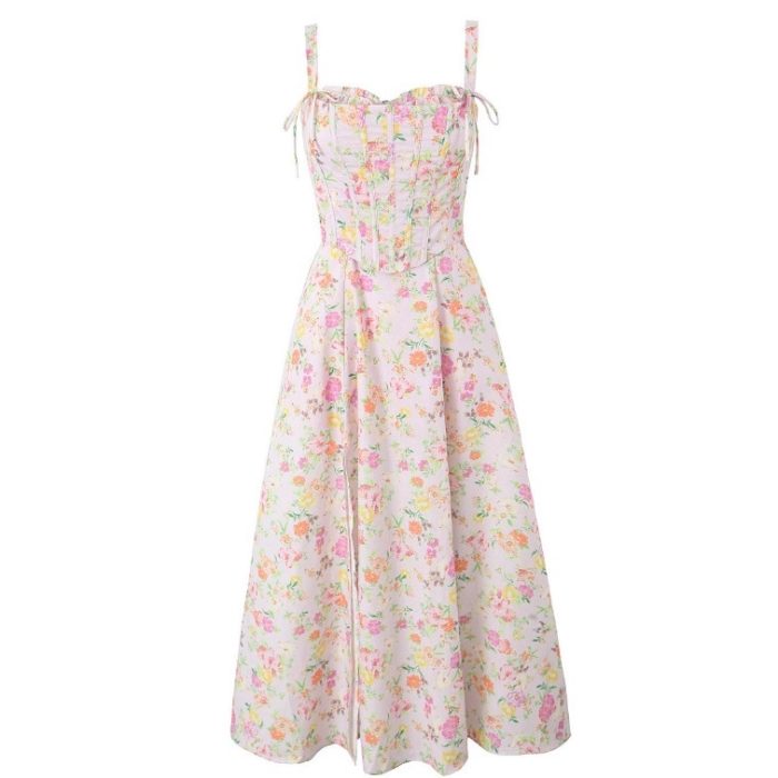 Floral Fishbone Tied Spaghetti-strap Top Tube Top Dress Suit