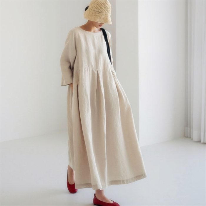 Japanese Korean Version Cotton And Linen Round Neck Pullover Solid Color Long Skirt