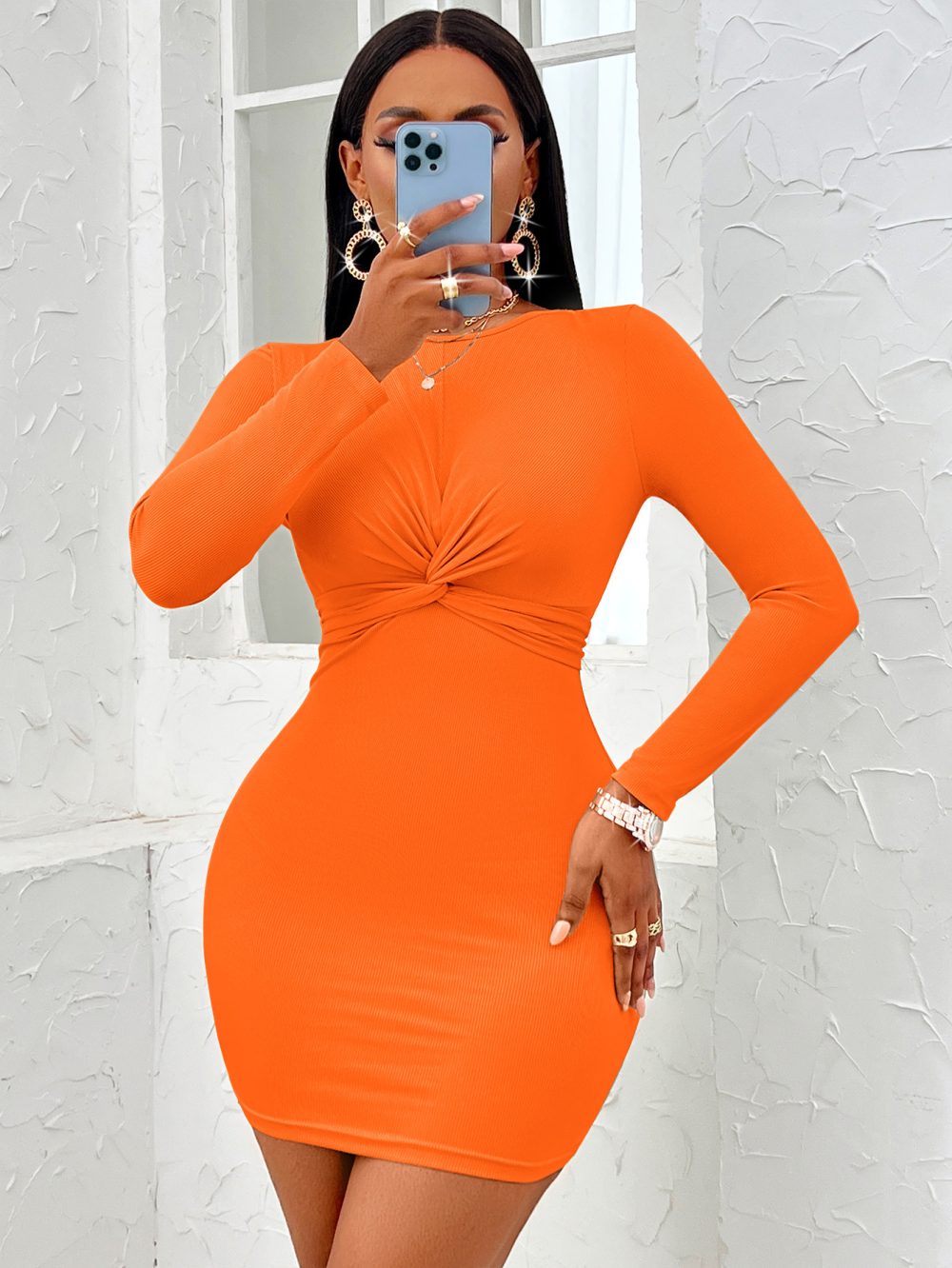 Casual Solid Color Round Neck Twist Long Sleeve Dress - Image 7