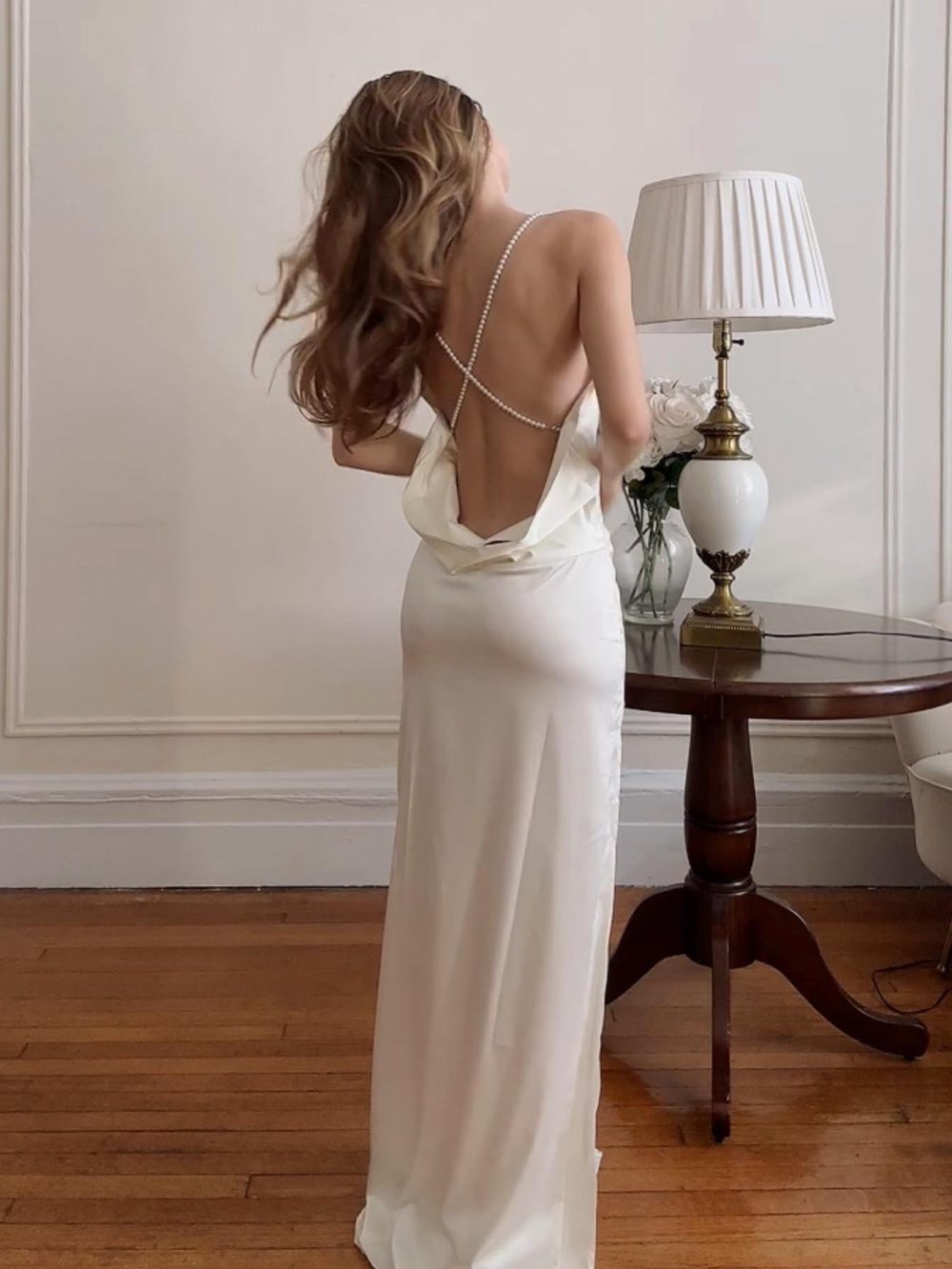 White Backless Deep V Slit Dress - Image 4