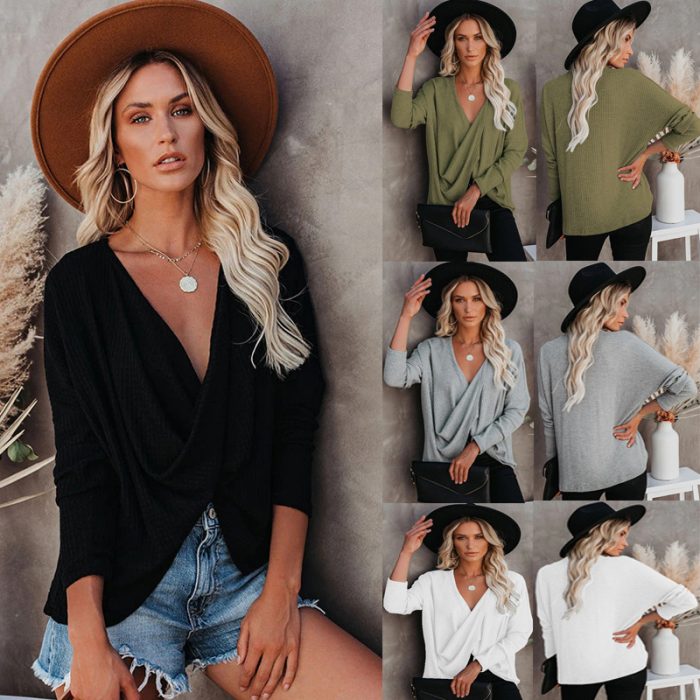 Women's Casual Solid Color Long-sleeved V-neck T-shirt Top