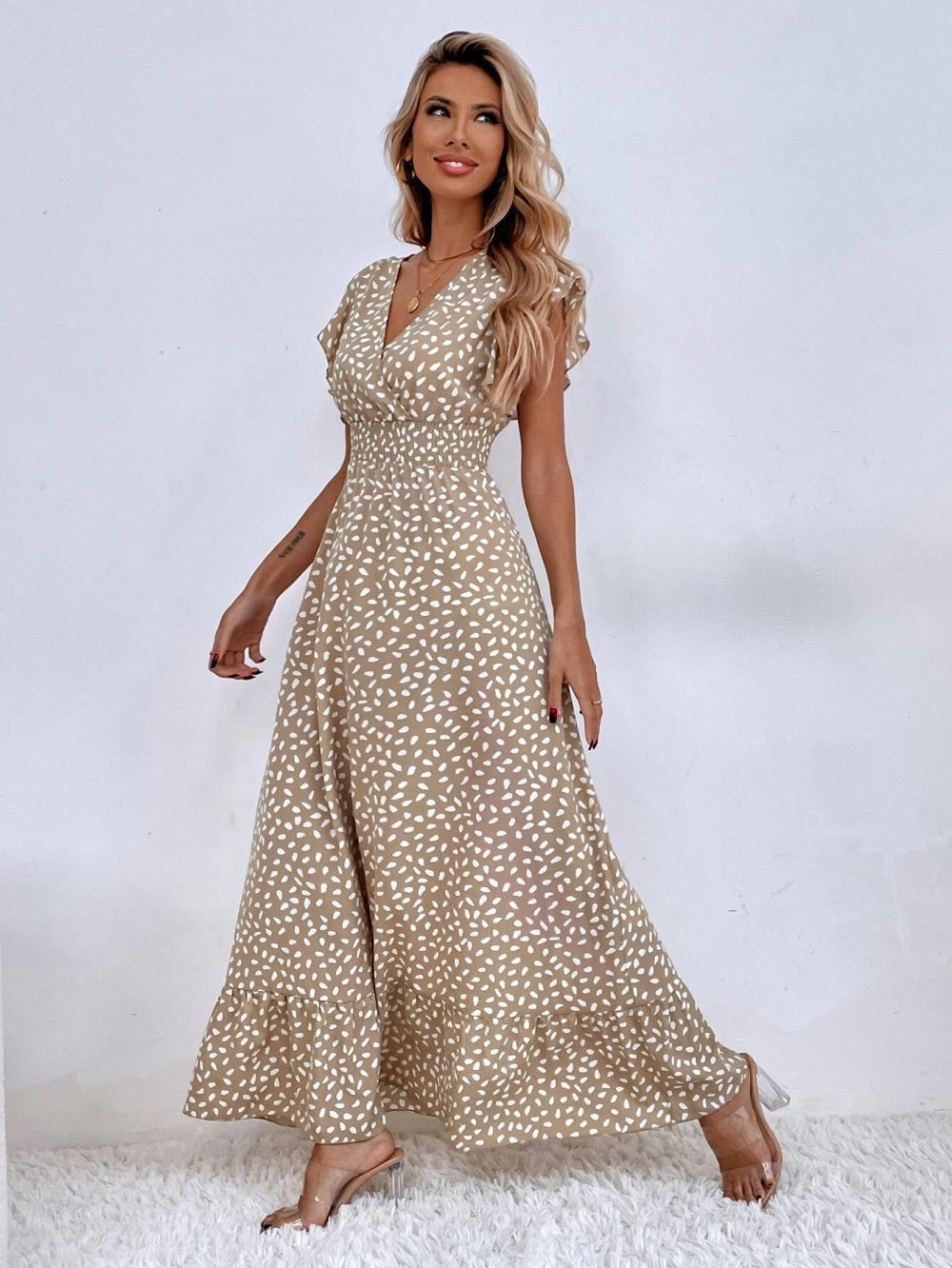 Women's V-neck Dress Summer Ruffled Sleeveless Long Dresses High Waist Clothing - Image 4