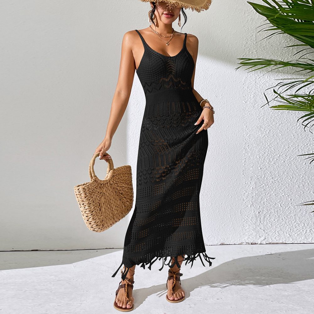 Cutout Sling Long Dress Slim-fit Tassel Beach Sleeveless Knitted V-neck - Image 4